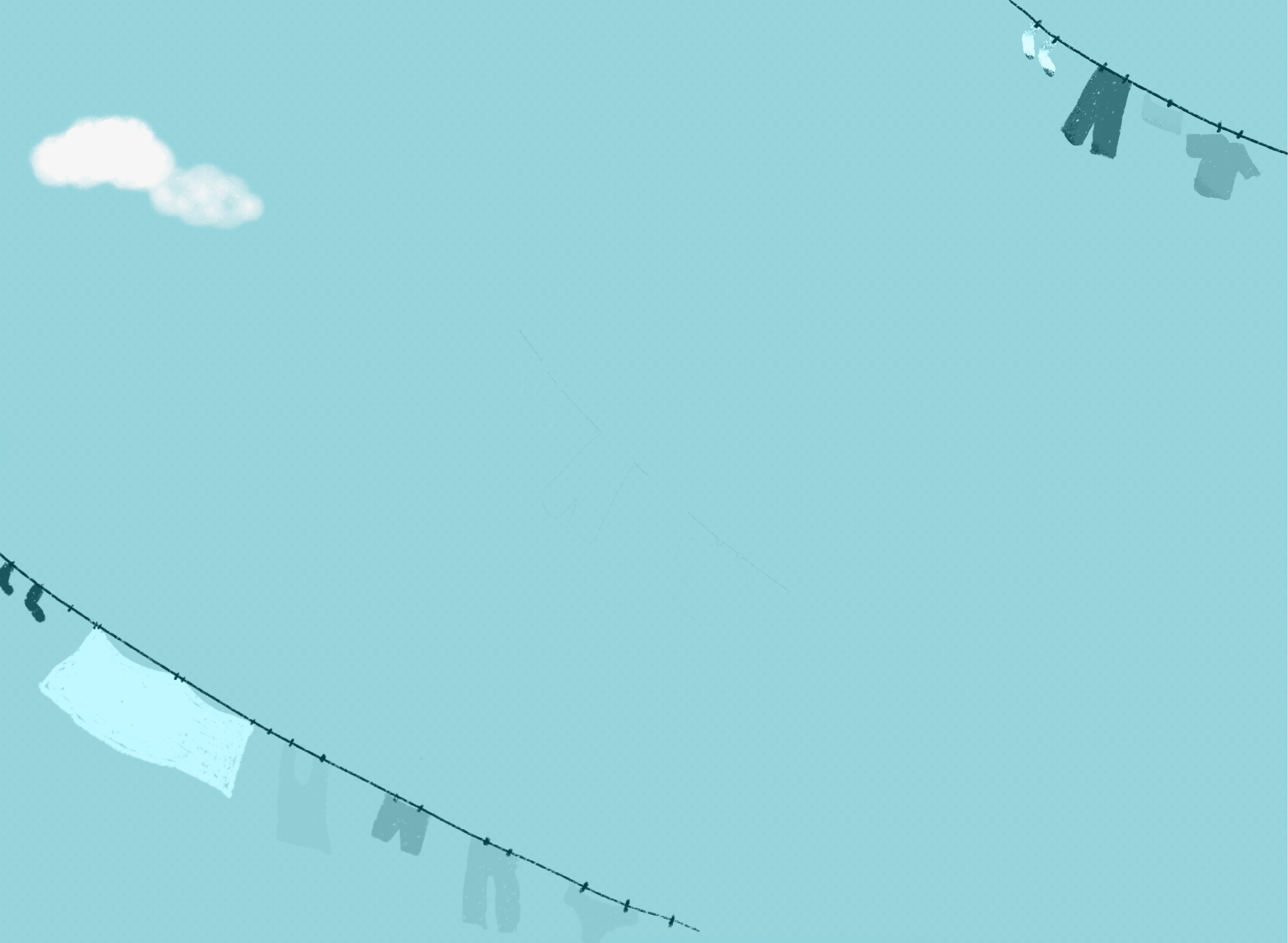 Ilustración de ropa tendida sobre un cielo que amanece