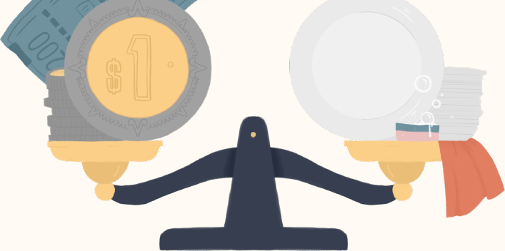 Ilustración de una balanza que contrasta el dinero con el trabajo del hogar y de cuidados